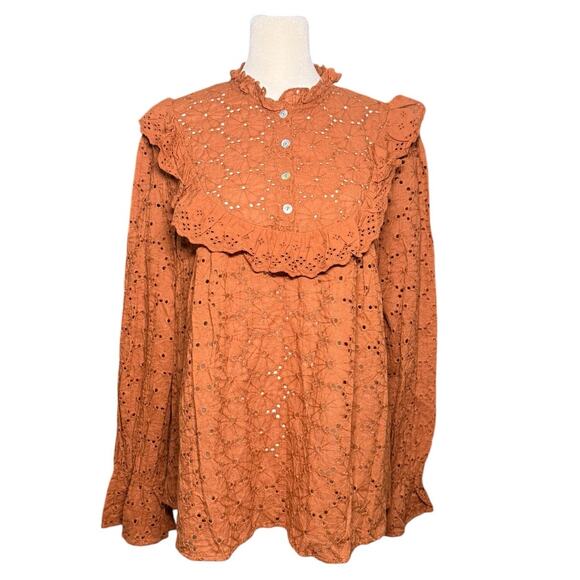 Andree By Unit Women's Eyelet Blouse Large Autumn Rust Romantic Ruffled‎ Cottage - Picture 1 of 9